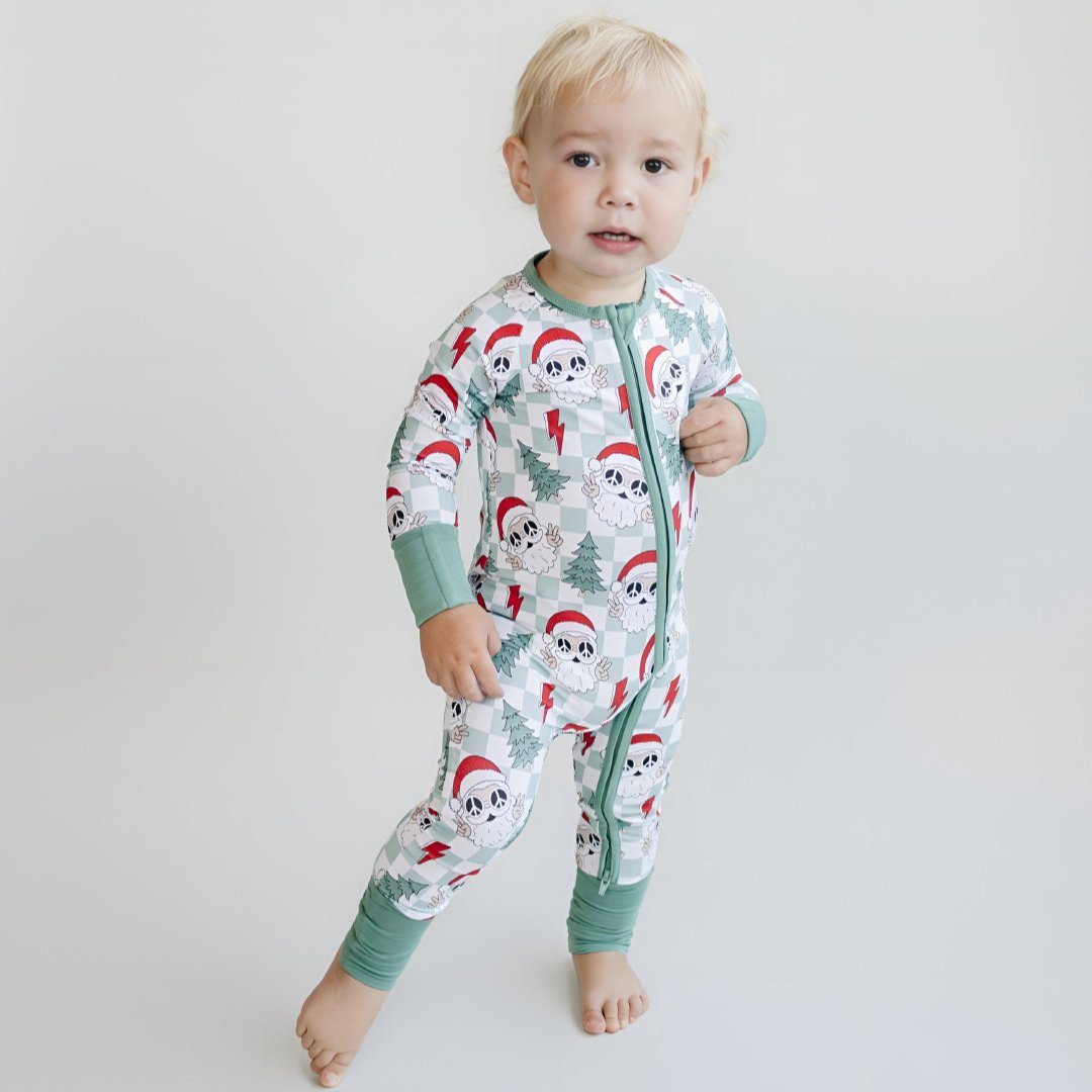 santa baby pajamas, christmas baby pajamas, christmas sleeper toddler, checkered santa bamboo romper, zip sleepie