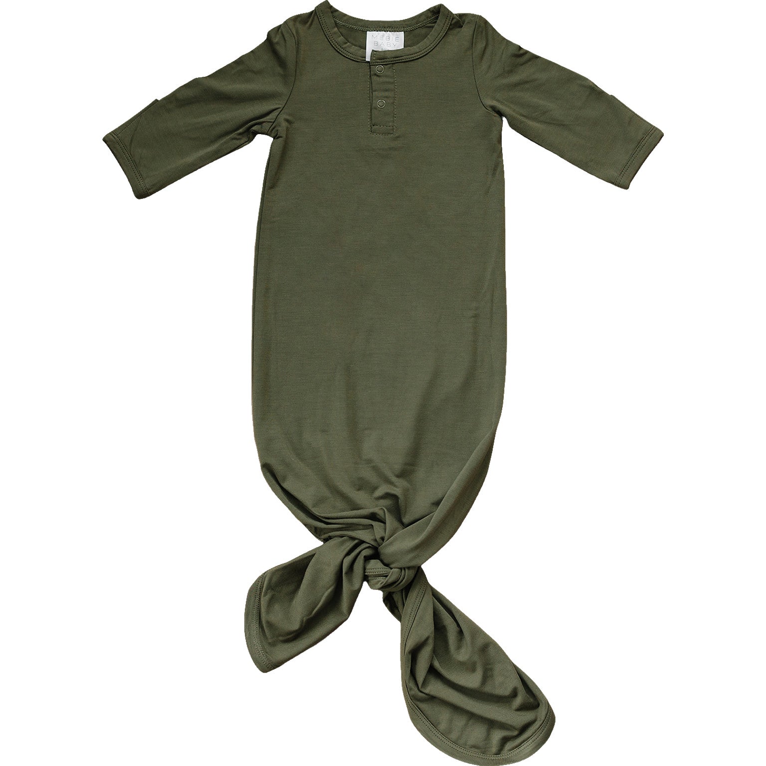 green knotted baby gown, army green baby pajamas, dark green baby sleeper, mebie baby knotted gown, baby knot gown green