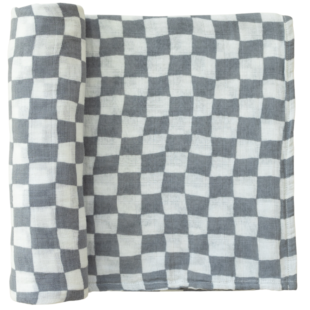 muslin checker swaddle, muslin swaddle blanket, bamboo baby blanket, swaddling wrap, checkerboard blue