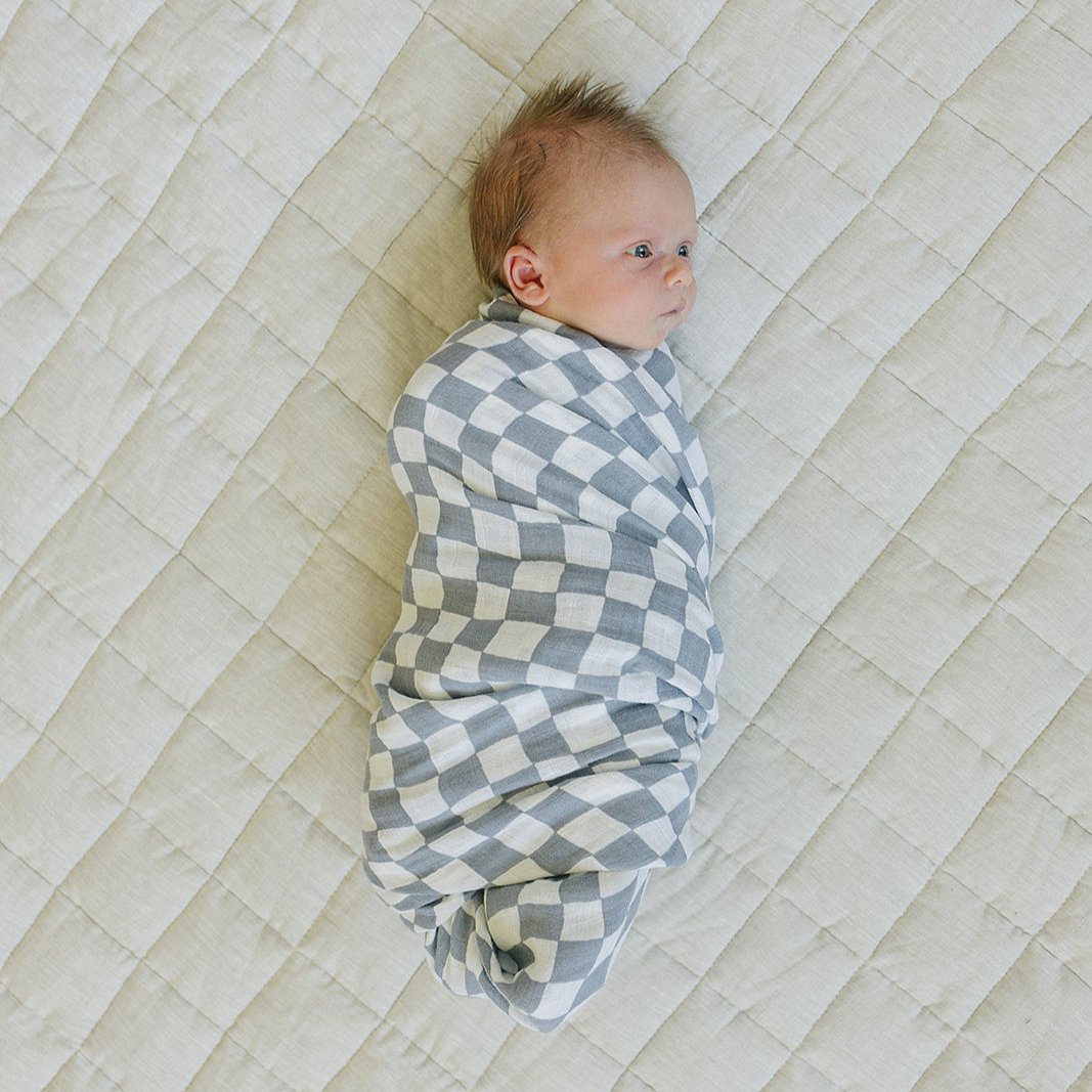 muslin checker swaddle, muslin swaddle blanket, bamboo baby blanket, swaddling wrap, checkerboard blue