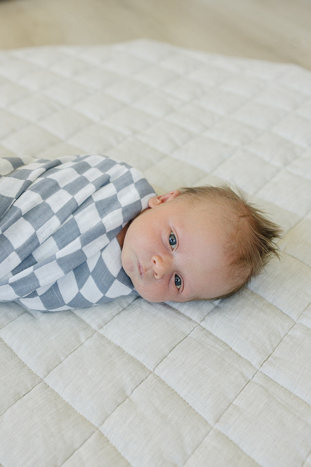 muslin checker swaddle, muslin swaddle blanket, bamboo baby blanket, swaddling wrap, checkerboard blue