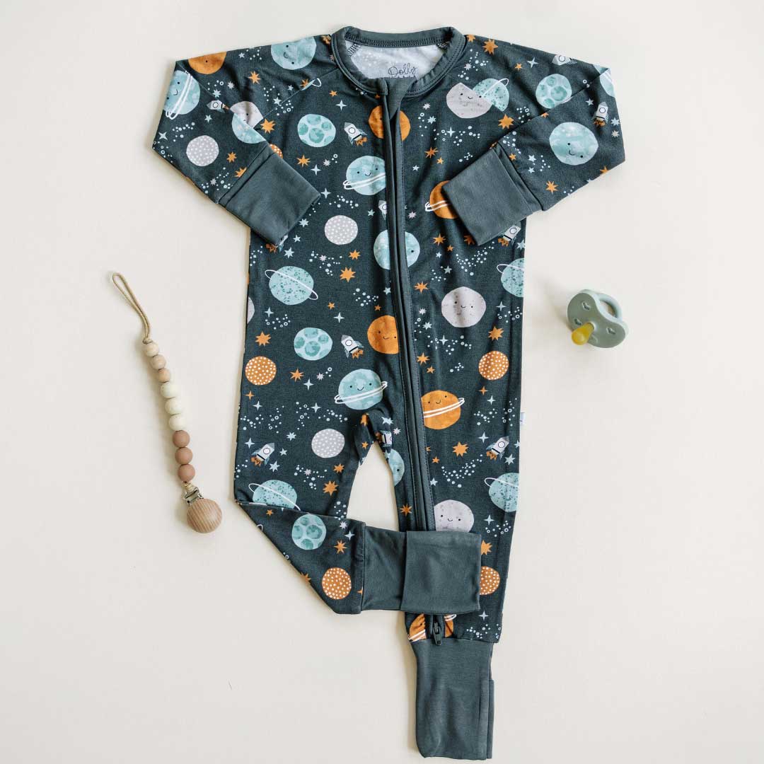 bamboo baby pajamas, planets and space, convertible romper, rocket ship baby sleeper, zippy baby pajamas