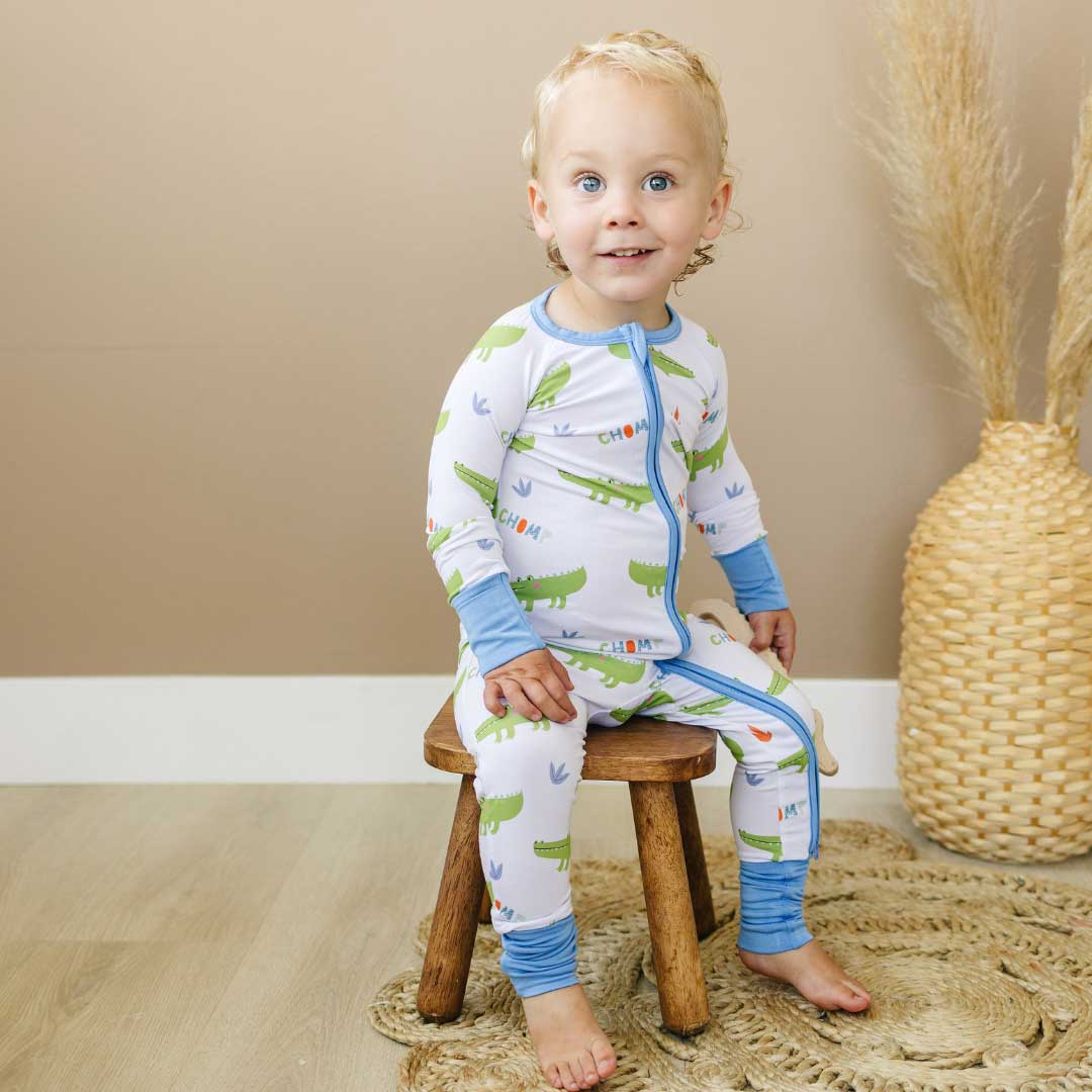 bamboo baby sleeper, alligator pajamas, zippy sleeper, convertible romper, crocodile baby romper