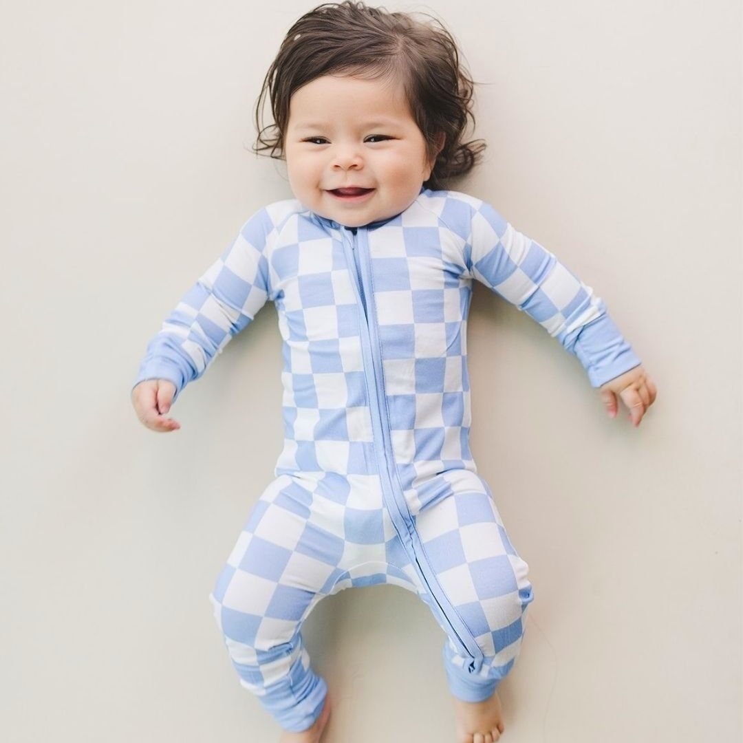 Bamboo Zip Romper | Blue Checkered