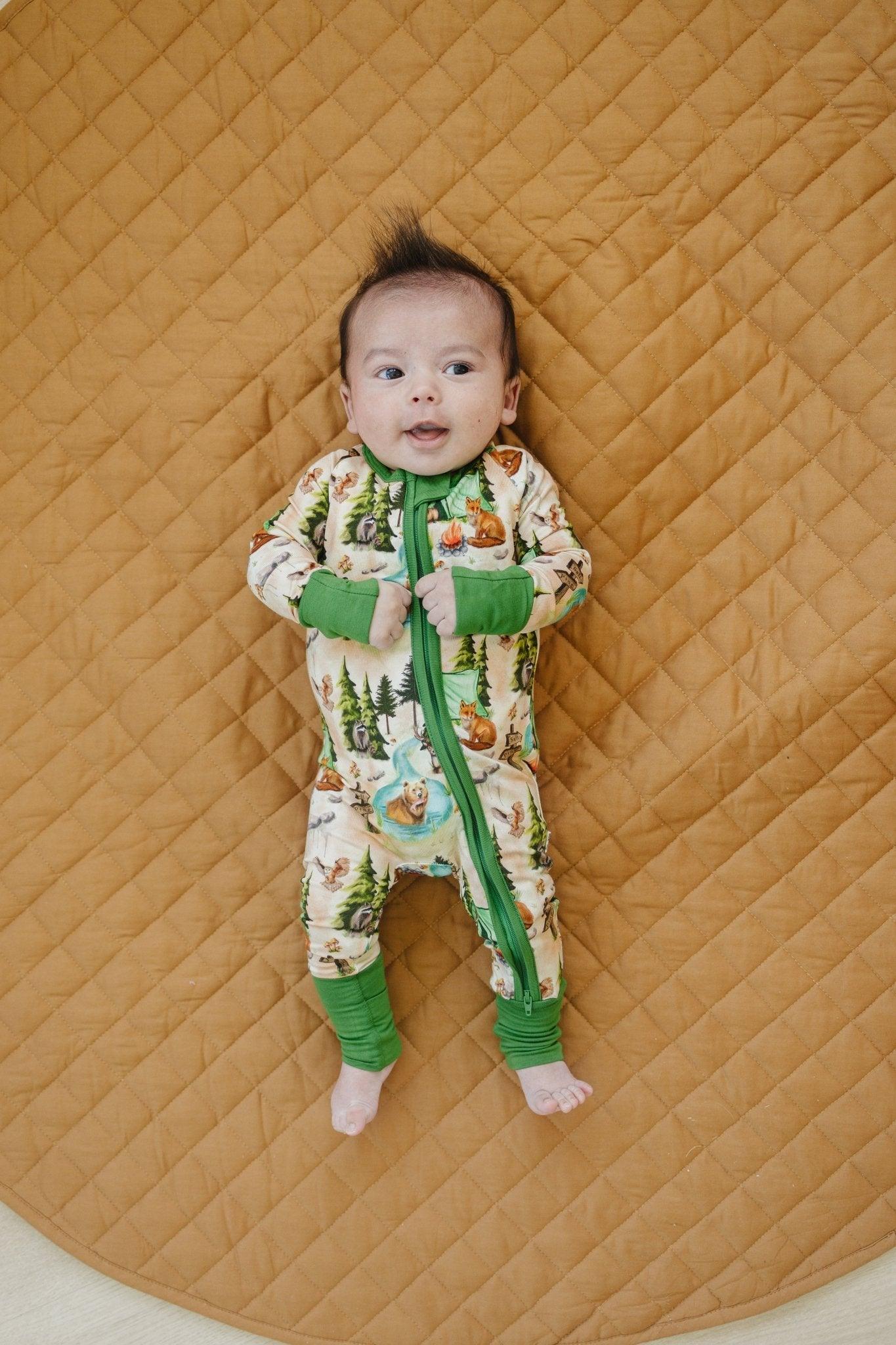 bamboo zip romper, camping baby pajamas, zippy sleeper, woodland romper, baby boy pajamas