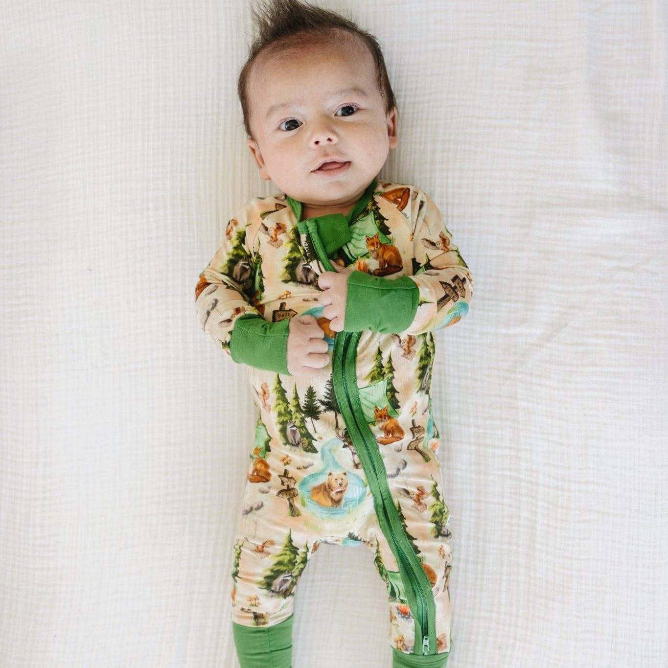 bamboo zip romper, camping baby pajamas, zippy sleeper, woodland romper, baby boy pajamas