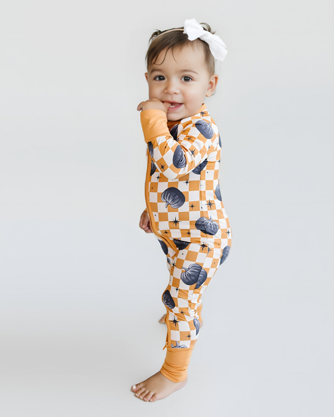 bamboo zip romper, pumpkin baby pajamas, halloween baby sleeper, fall baby pajamas