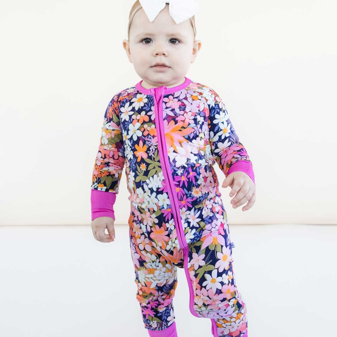 bamboo baby sleeper, convertible rompers, baby pajamas, bamboo pajamas, zippy, floral baby romper