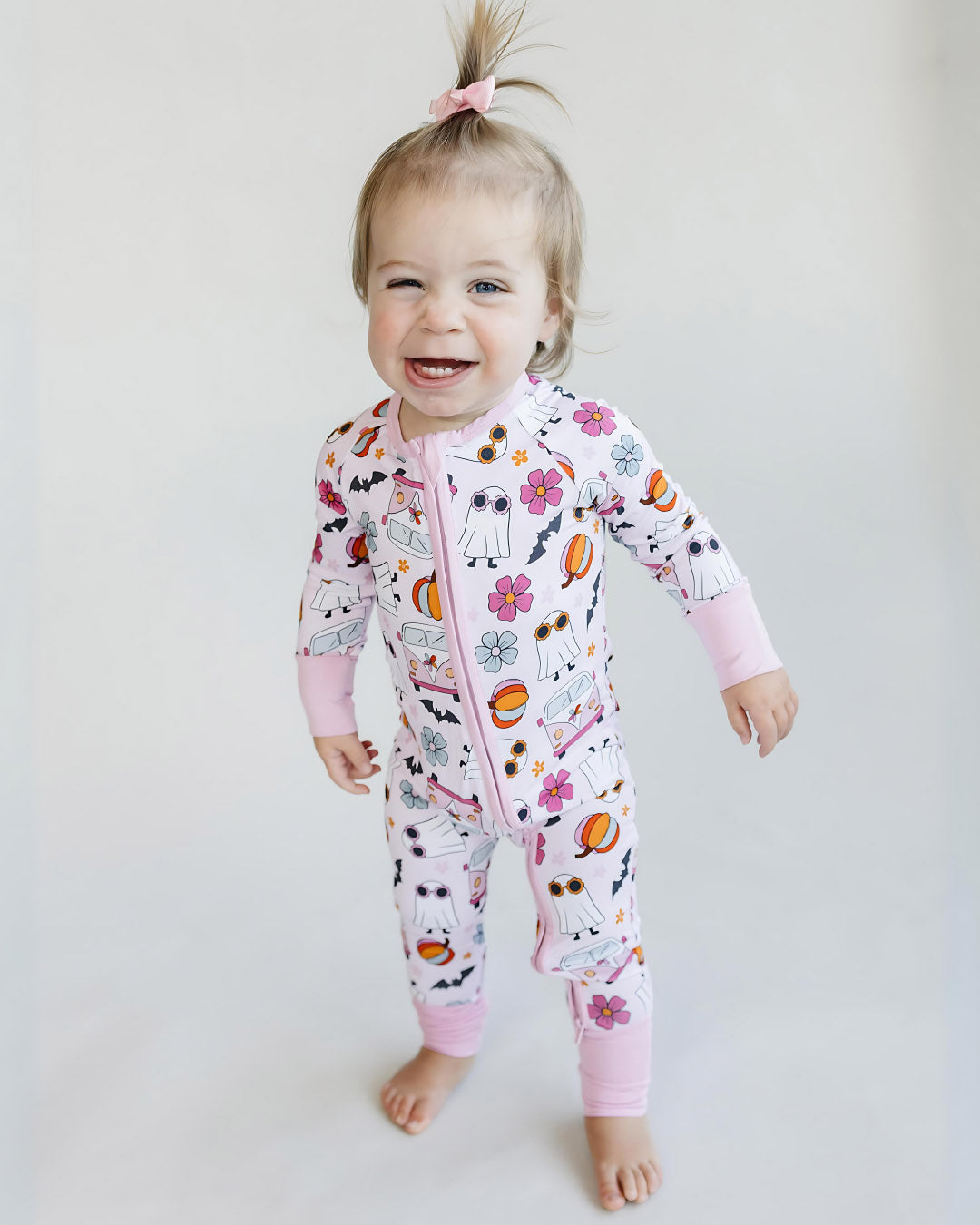 bamboo zip romper, halloween baby pajamas, halloween baby sleeper, fall baby pajamas, lucky panda kids zip romper, bamboo zippy, spooky vibes