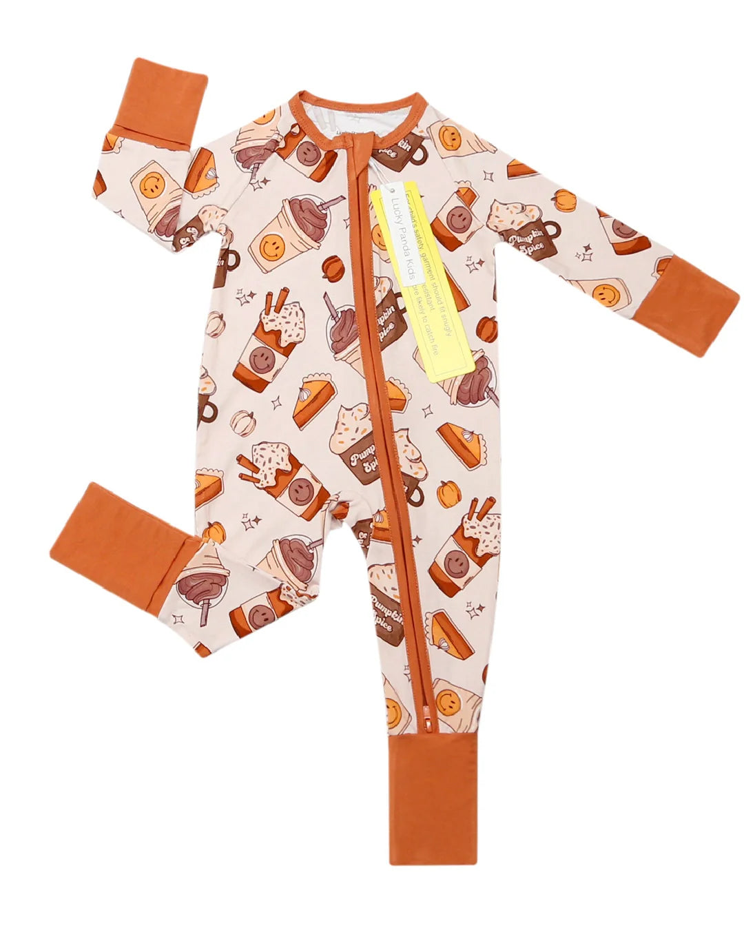 bamboo zip romper, pumpkin baby pajamas, halloween baby sleeper, fall baby pajamas, lucky panda kids zip romper, pumpkin spice