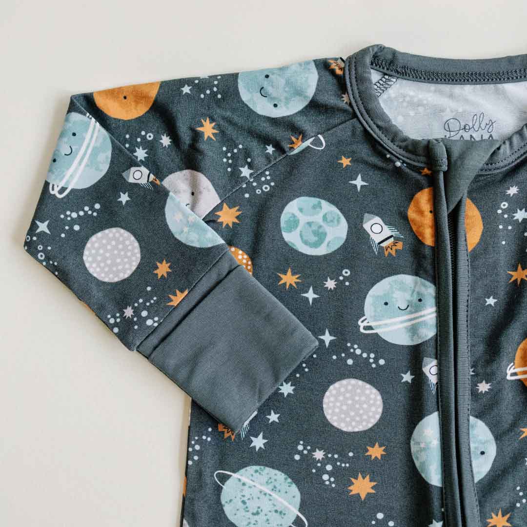 bamboo baby pajamas, planets and space, convertible romper, rocket ship baby sleeper, zippy baby pajamas