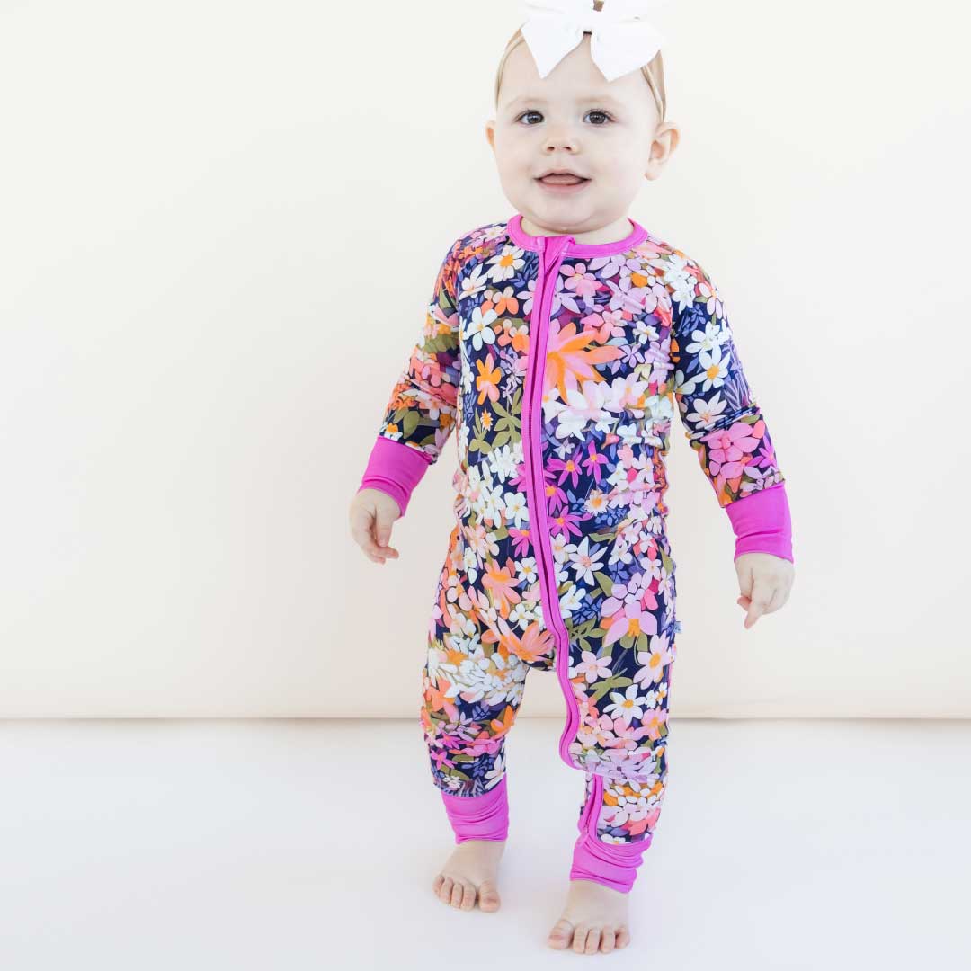 bamboo baby sleeper, convertible rompers, baby pajamas, bamboo pajamas, zippy, floral baby romper