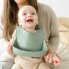 sage green silicone bib, bucket bib, bpa free, feeding bib with pouch