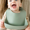 sage green silicone bib, bucket bib, bpa free, feeding bib with pouch